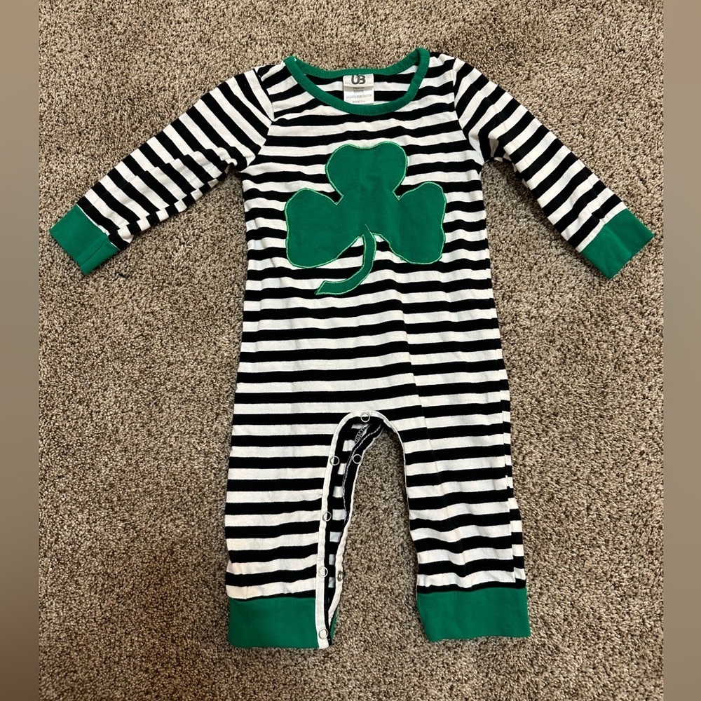 Striped Black and White Kids One Piece with Green Shamrock